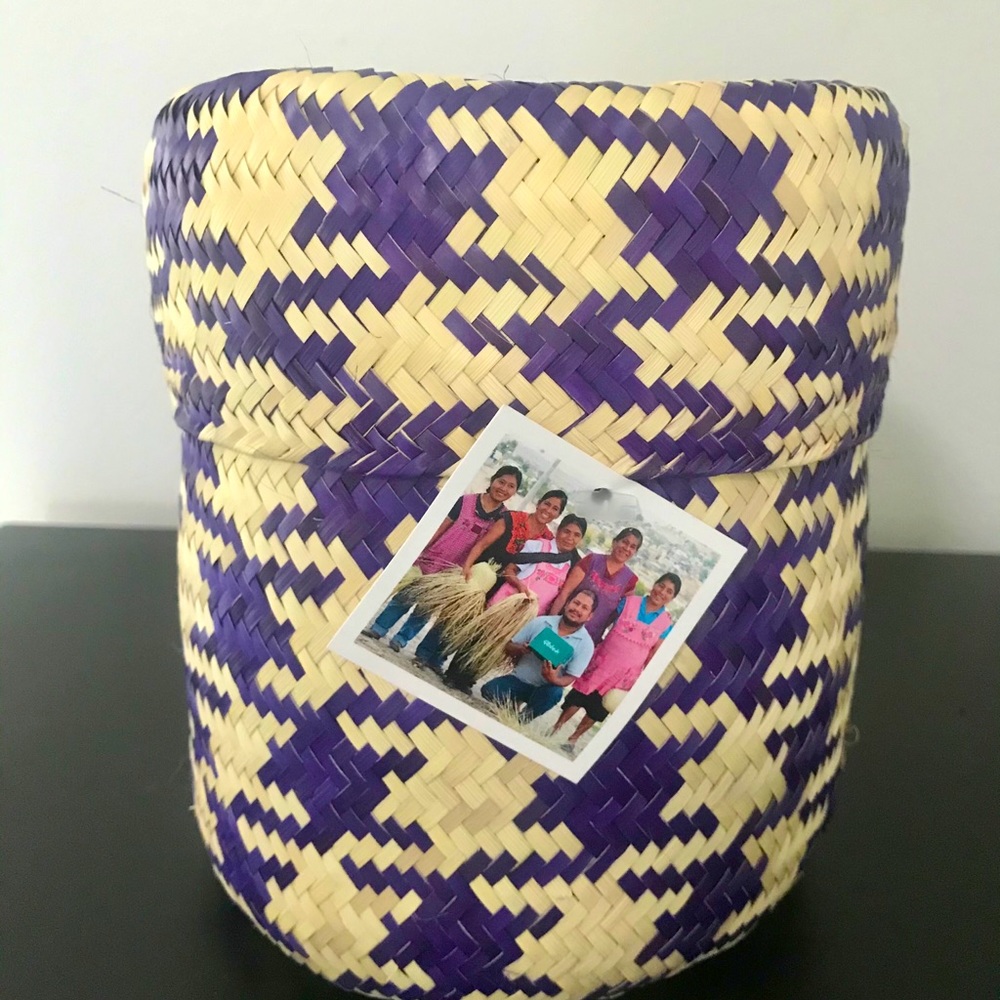 Purple and natural woven basket with top